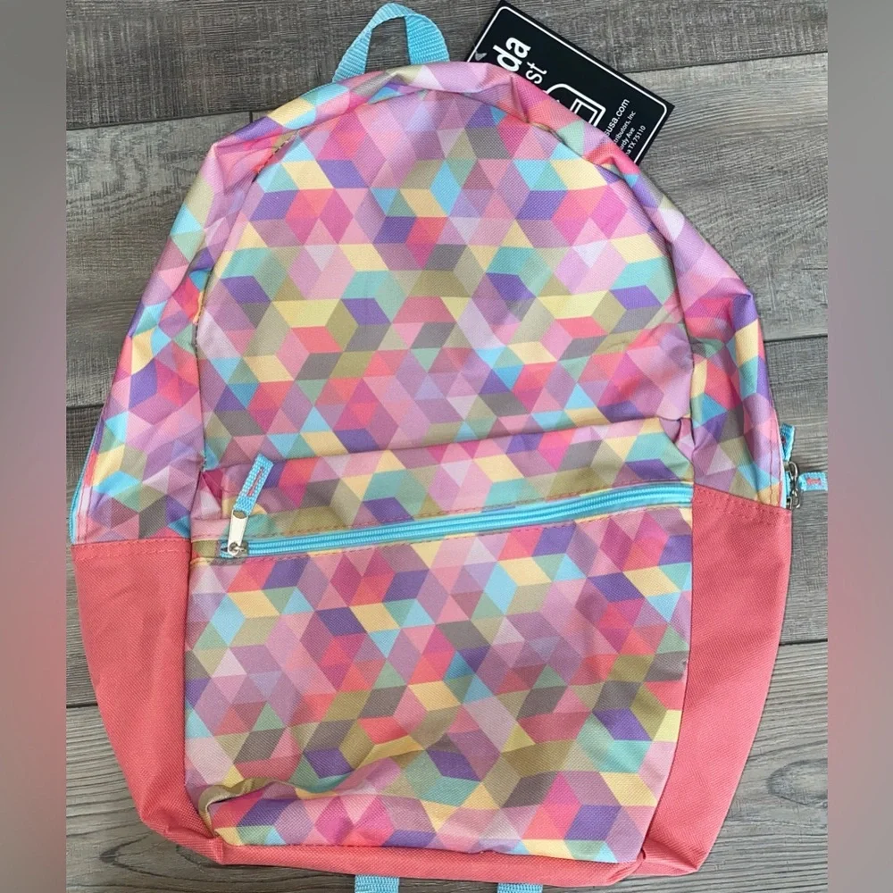 NWT Moda West Geometric Prism Backpack Bookbag Coral Pink Blue Back to School